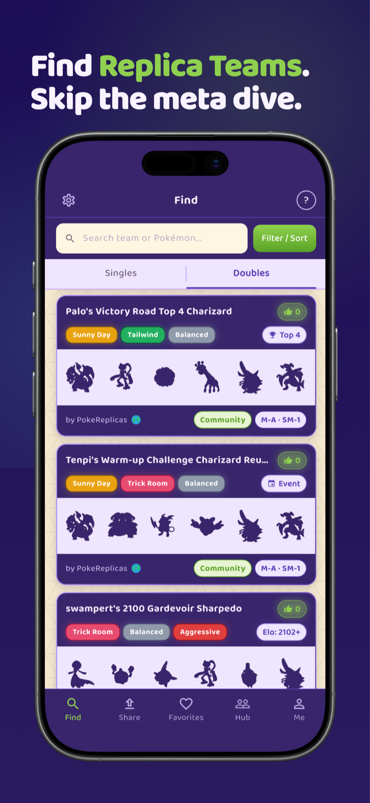 PokeReplicas find tab showing searchable replica teams