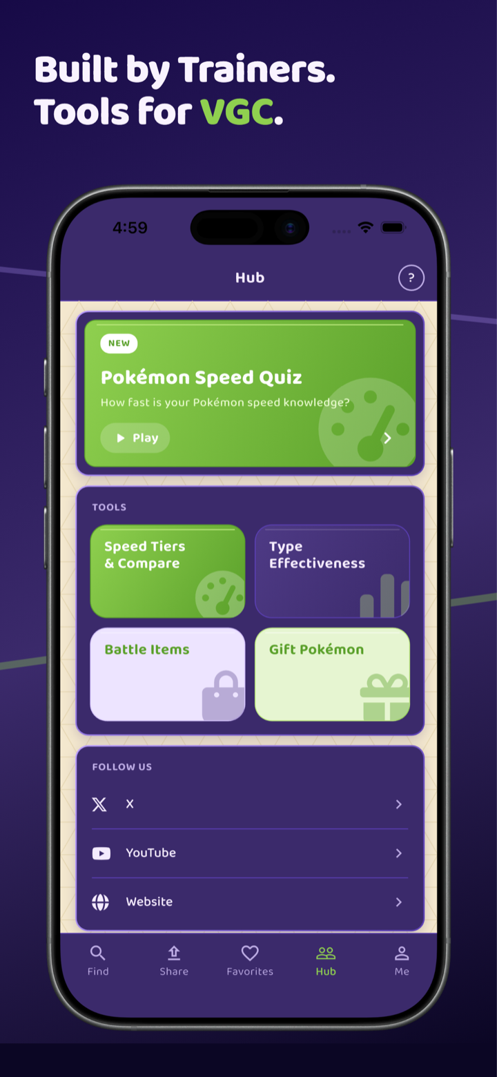 Hub screen with tools and social links