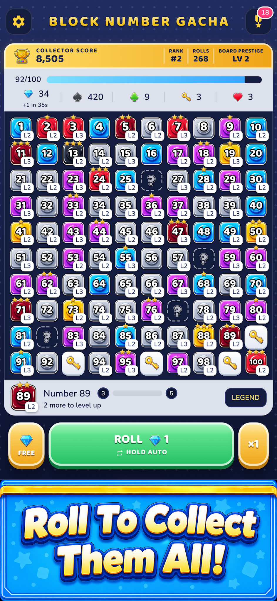 Block Number Gacha store screenshot showing the number collection board