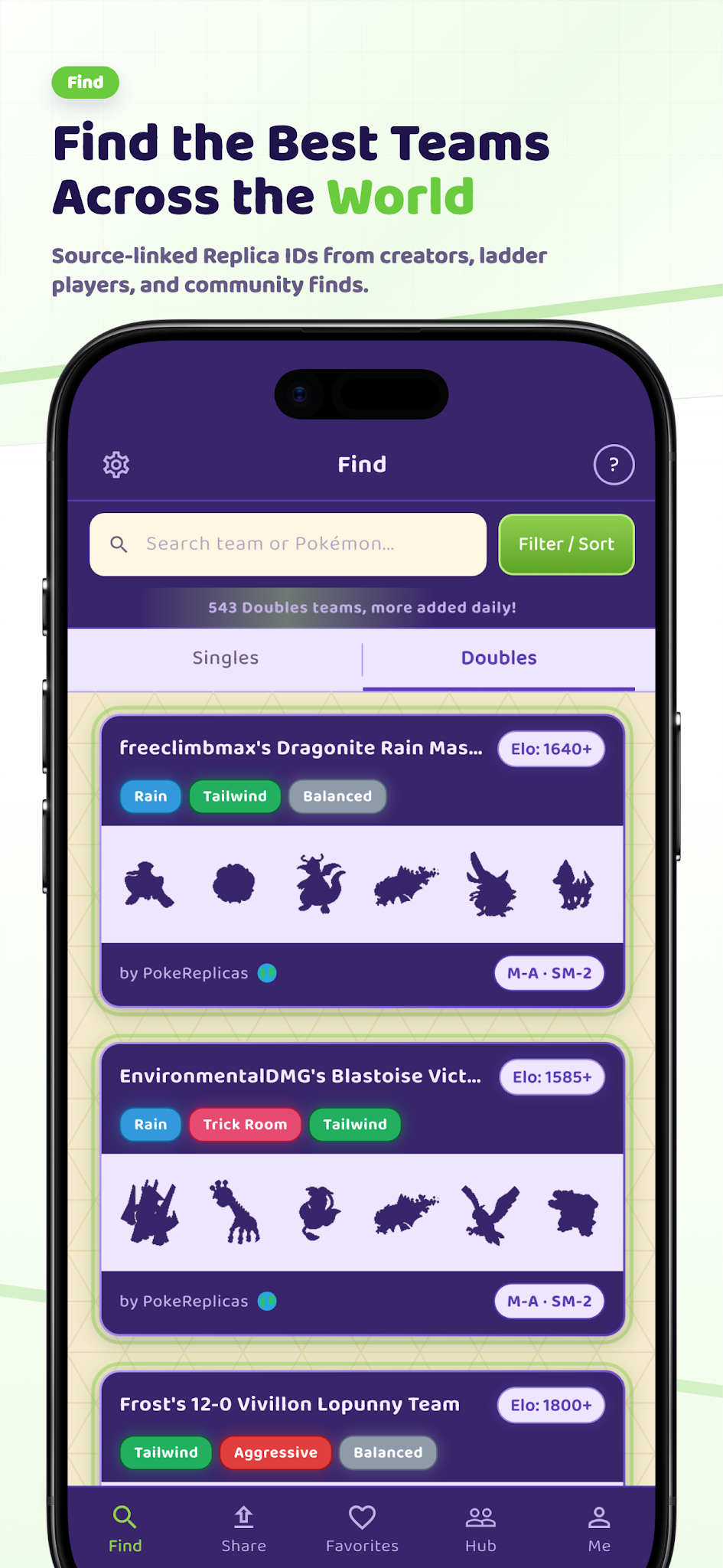 PokeReplicas Find screen showing the best teams across the world